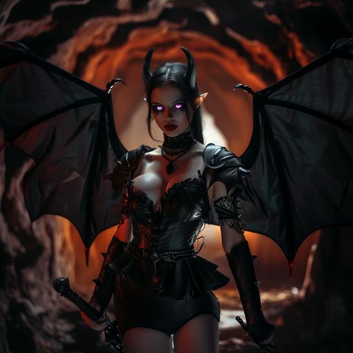 a full body photo of a beautiful elf with violet eyes and black slicked back hair. She has small horns on her head. She poses dramatically with a knowing smirk and a rapier in hand. She wears a black bodice with thigh-high boots and a skirt. Huge black bat wings rise from her back. The background is a dark medieval mine shaft. Dramatic lighting. --v 6.0