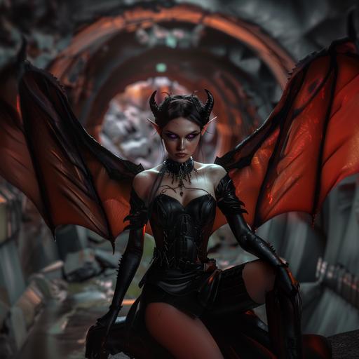 a full body photo of a beautiful elf with violet eyes and black slicked back hair. She has small horns on her head. She poses dramatically with a knowing smirk and a rapier in hand. She wears a black bodice with thigh-high boots and a skirt. Huge black bat wings rise from her back. The background is a dark medieval mine shaft. Dramatic lighting. --v 6.0