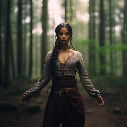 a full body photo of a medieval Latin woman with her hair in a single long braid. She has black hair and brown eyes. She poses in a martial arts pose with hands raised to punch. The background is a pine forest. dramatic lighting.