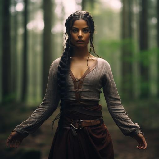a full body photo of a medieval Latin woman with her hair in a single long braid. She has black hair and brown eyes. She poses in a martial arts pose with hands raised to punch. The background is a pine forest. dramatic lighting.