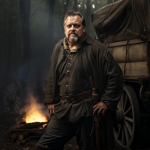 a full body photo of a stocky medieval man with short salt and pepper hair plus trim goatee. He is standing in front of a covered wagon. He is posed dramatically with one leg propped holding and smoking a pipe. He is smirking. The background is a dense forest. Dramatic lighting. --v 5.2