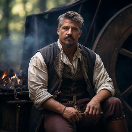 a full body photo of a stocky medieval man with short salt and pepper hair plus trim goatee. He is standing in front of a covered wagon. He is posed dramatically with one leg propped holding and smoking a pipe. He is smirking. The background is a dense forest. Dramatic lighting.