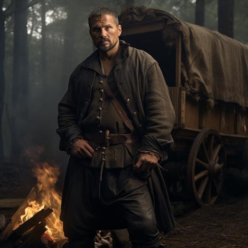 a full body photo of a stocky medieval man with short salt and pepper hair plus trim goatee. He is standing in front of a covered wagon. He is posed dramatically with one leg propped holding and smoking a pipe. He is smirking. The background is a dense forest. Dramatic lighting.