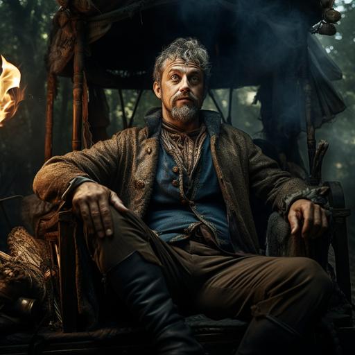 a full body photo of a stocky medieval man with short salt and pepper hair plus trim goatee. He is seated in the front seat of a covered wagon. He is posed dramatically with one leg propped holding and smoking a pipe. He is smirking. The background is a dense forest. Dramatic lighting.