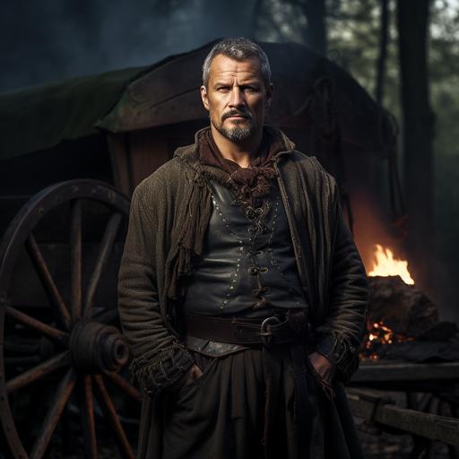 a full body photo of a stocky medieval man with short salt and pepper hair plus trim goatee. He is standing in front of a covered wagon. He is posed dramatically with one leg propped holding and smoking a pipe. He is smirking. The background is a dense forest. Dramatic lighting. --v 5.2