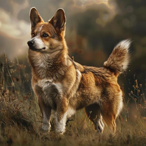 a full body photo of a wolf and corgi hybrid. It has short legs. Like a corgi with a wolf tail. The background is a grassy field. Dramatic light.