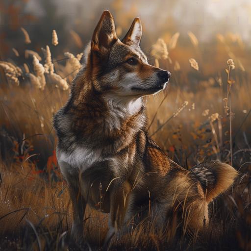 a full body photo of a wolf and corgi hybrid. It has short legs. Like a corgi with a wolf tail. The background is a grassy field. Dramatic light. --v 6.0