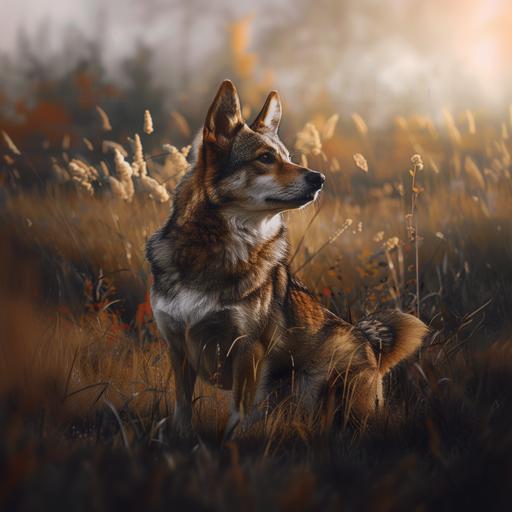 a full body photo of a wolf and corgi hybrid. It has short legs. Like a corgi with a wolf tail. The background is a grassy field. Dramatic light. --v 6.0