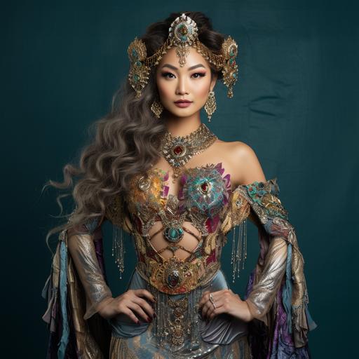 a full body photo of an ugly skinny Asian lady in an ostentatiously colorful decorative gown. She is a fantasy medieval noblewoman with bad skin. She is scrawny with an overbite. She wears copious jewelry. Her hair is sculpted into a frazzled fountain of silver and jewels. Her makeup is dramatic. She poses with a haughty air of arrogance. The background is a medieval mansion. Dramatic lighting.