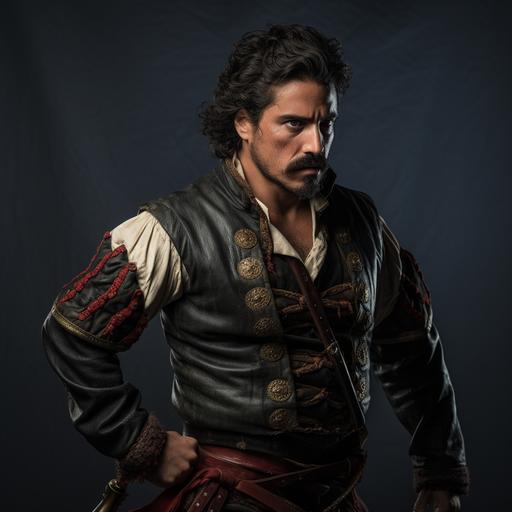 a full body photograph of a male italian pirate with olive skin, black goatee and mustache, scars on his face, and his black hair tied back into a pony tail. He is wearing a loose shirt that is opened to show off his chest, with a merchant vest over the top. He is wearing leather dueling gloves, and is wielding an ornate rapier. A cutlass is tucked into his broad leather belt.