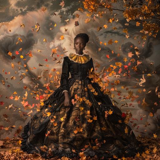 a full body picture of aa Black girl from the 1830's with small tornados of autumn leaves swirling around her