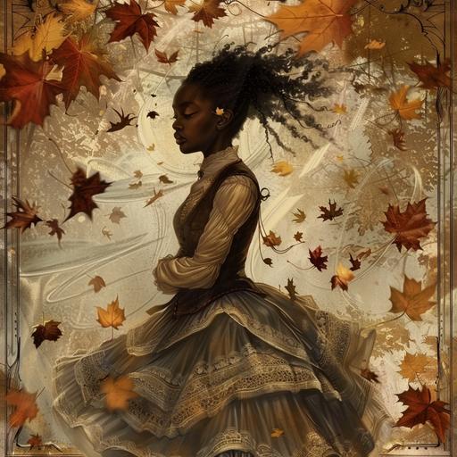 a full body picture of aa Black girl from the 1830's with small tornados of autumn leaves swirling around her