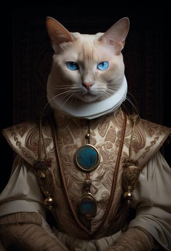 a full body portrait in the style of vermeer featuring a regal cross-eyed flame point siamese cat wearing a beautiful ornate masculine suit of armor --ar 100:147