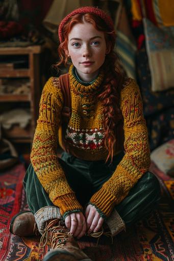 a full body shot of Anne of Green Gables wearing an ugly sweater and ankle boots and cute knits with a simple backdrop behind her, Sony A7, f2.8, --ar 2:3 --stylize 250 --v 6.0