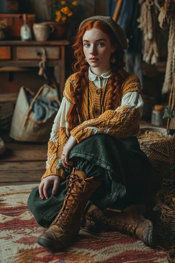 a full body shot of Anne of Green Gables wearing an ugly sweater and ankle boots and cute knits with a simple backdrop behind her, Sony A7, f2.8, --ar 2:3 --stylize 250 --v 6.0