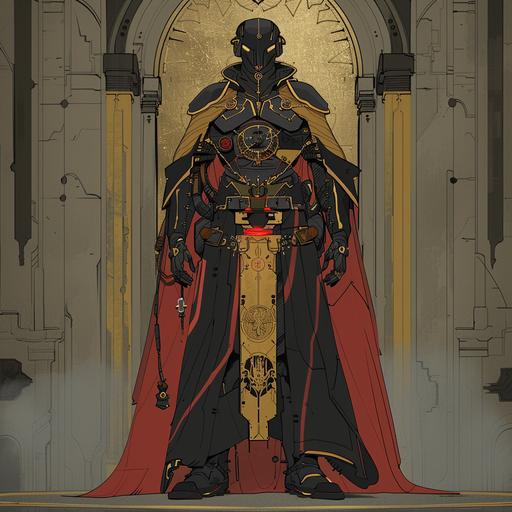 a full body shot of a techno bishop, bishop like black, golden and red robes with runes on it, black boots, electronic implants on him, in a fantasy art style, detailed fantasy illustration style, Travis Charest style --v 6.0