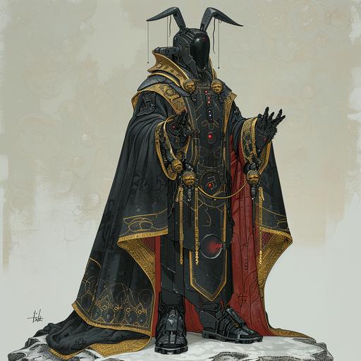a full body shot of a techno bishop, bishop like black, golden and red robes with runes on it, black boots, electronic implants on him, in a fantasy art style, detailed fantasy illustration style, Travis Charest style --v 6.0