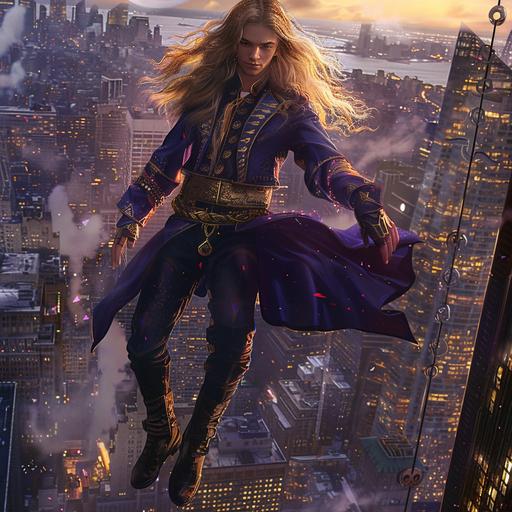 a full body shot of a young, blonde long haired, handsome male superhero with magical powers, purple and black uniform, uniform inspired in wizards, mystical amulets hanging from his belt, boots, levitating over a modern day crowded city at dusk, photorealistic, professional photography --v 6.0