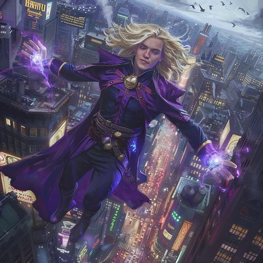 a full body shot of a young, blonde long haired, handsome male superhero with magical powers, purple and black uniform, uniform inspired in wizards, mystical amulets hanging from his belt, boots, levitating over a modern day crowded city at dusk, photorealistic, professional photography --v 6.0