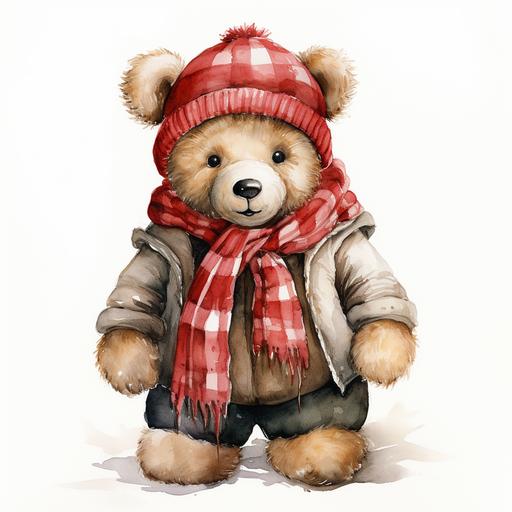 a full body teddy bear wearing a red and white buffalo plaid hat and scarf watercolor realistic, isolated on white --s 250
