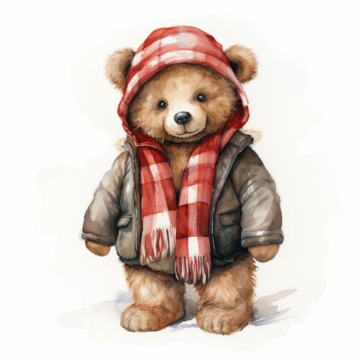 a full body teddy bear wearing a red and white buffalo plaid hat and scarf watercolor realistic, isolated on white --s 250