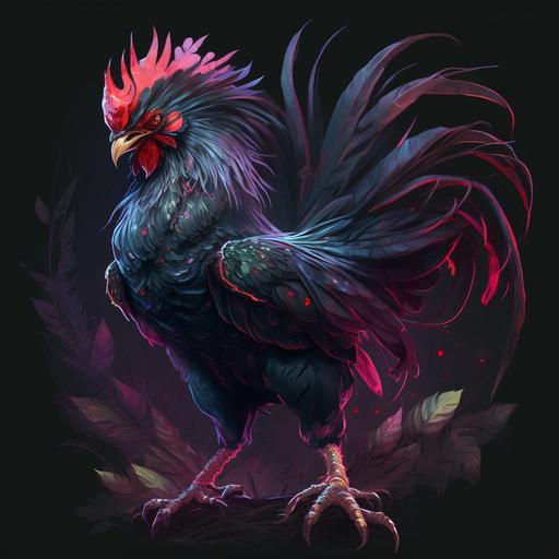 a full body view of a fierce menacing ready to fight game rooster with neon red eyes and garnet and black feather tints