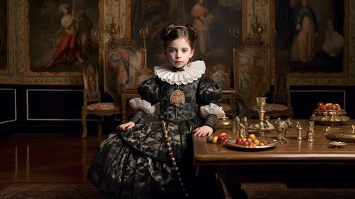 a full body view photography, the daughter of the spanish military leader during the 16th century, shows Don Ambrosio Spinolas daughter, in the chateau formal dining room, strong facial expression, wealthy painting style, Diego Velázquez, grandiose color schemes, arabesque/scroll, 16thcenturycore, photo by Herbert List, --style raw --c 20 --ar 16:9