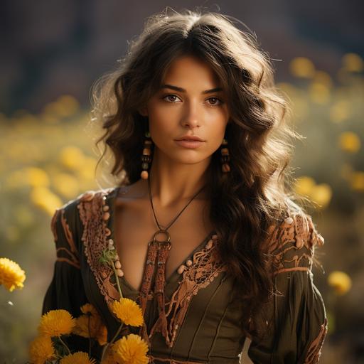 a full body young mexican woman in a Cempasuchil flower flower field in day of the dead with marigold flowers in hands and typical mexican short costume , brown hair, pretty eyes, shot with Sony Alpha a9 II and Sony FE 200-600mm f/5.6-6.3 G OSS lens, natural light, hyper realistic photograph, ultra detailed –ar 3:1 –q 2 –s 750 –s 750 –v 5.2 --s 750