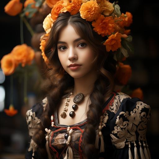a full body young mexican woman in a Puebla Mexico in day of the dead with marigold flowers in hands and typical mexican costume , brown hair, pretty eyes, shot with Sony Alpha a9 II and Sony FE 200-600mm f/5.6-6.3 G OSS lens, natural light, hyper realistic photograph, ultra detailed –ar 3:2 –q 2 –s 750 –s 750 –v 5.2 --s 750
