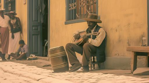 a full color instagram image of a solo Afro-Peruvian street musician playing the cajón in a quaint street of Lima during the 1860s. The musician is engaged in the performance, with a small group of passersby stopping to listen - style raw --s 0 --ar 16:9 --v 6.0 --style raw