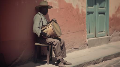 a full color instagram image of a solo Afro-Peruvian street musician playing the cajón in a quaint street of Lima during the 1860s. - style raw --s 0 --ar 16:9 --v 6.0 --style raw