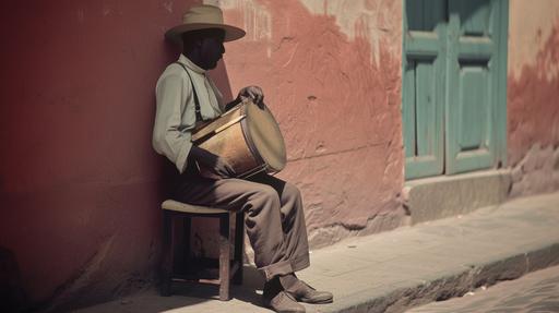 a full color instagram image of a solo Afro-Peruvian street musician playing the cajón in a quaint street of Lima during the 1860s. - style raw --s 0 --ar 16:9 --v 6.0 --style raw