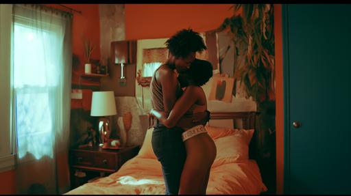 a full color instagram photo. Depict an intimate moment between an African American lesbian couple in their San Francisco home during the 1960s. - style raw --s 0 --ar 16:9 --v 6.0