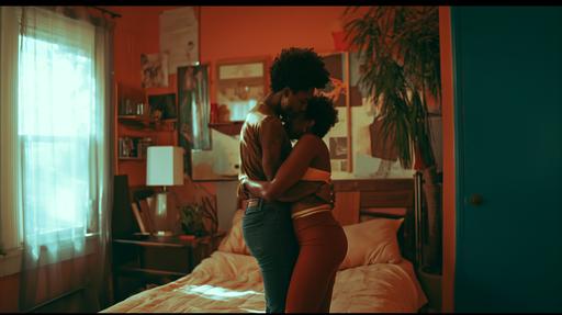a full color instagram photo. Depict an intimate moment between an African American lesbian couple in their San Francisco home during the 1960s. - style raw --s 0 --ar 16:9 --v 6.0
