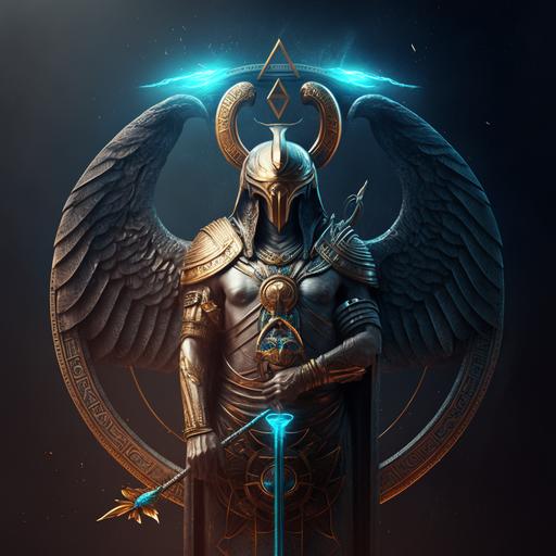 a full human winged horus holding a sword staff with pisces logo in a halo behind horus 8k , ultra realistic, dark light, cinematic