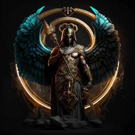 a full human winged horus holding a sword staff with pisces logo in a halo behind horus 8k , ultra realistic, dark light, cinematic