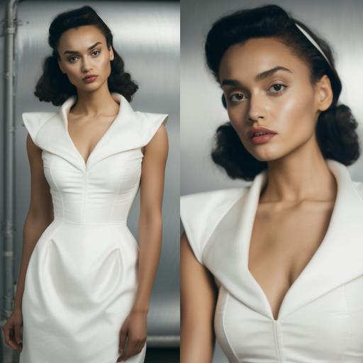 a full photo, 21 years old female model, clean makeup, paris style, 85 C cup, wearing a white dress, wear YSL heels, dress is 100% polyester; lining 95% polyester, 5% elastane, Zip fastening at back, Slim fit sweetheart neckline, cowl overlay at neck, underwired cups, soft padding at cups. sleeveless, adjustable straps, split at back, fully lined,Size small: 54 in / 137 cm, Model is 5 ft 11 in/1.80 m and wears a size small.
