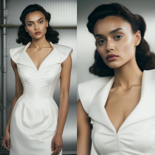 a full photo, 21 years old female model, clean makeup, paris style, 85 C cup, wearing a white dress, wear YSL heels, dress is 100% polyester; lining 95% polyester, 5% elastane, Zip fastening at back, Slim fit sweetheart neckline, cowl overlay at neck, underwired cups, soft padding at cups. sleeveless, adjustable straps, split at back, fully lined,Size small: 54 in / 137 cm, Model is 5 ft 11 in/1.80 m and wears a size small.