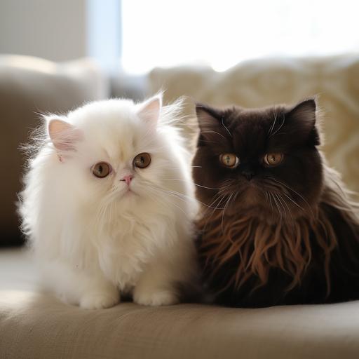 a fully dark brown doll faced persian cat and a milky white doll faced persian cat sitting together relistic