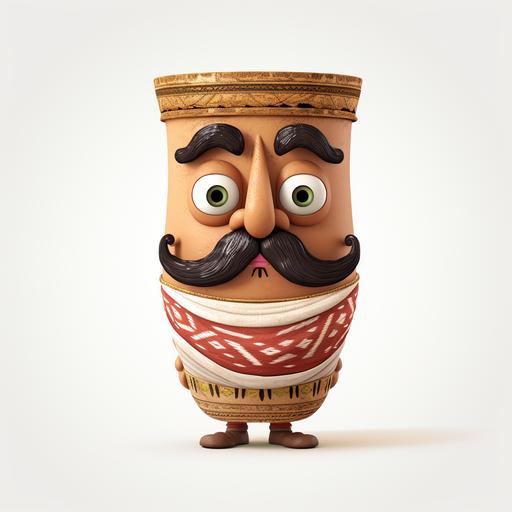 a funny Indian character inspired by Kulhad (earthen vessel cup) with a big moustache, white background