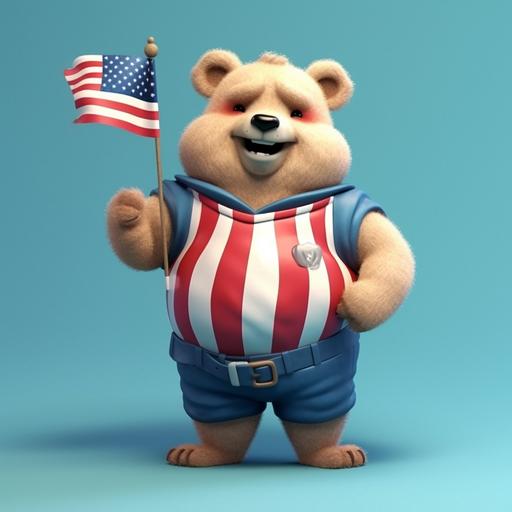 a funny bear dressed as american flag, 3d cartoon concept illustration