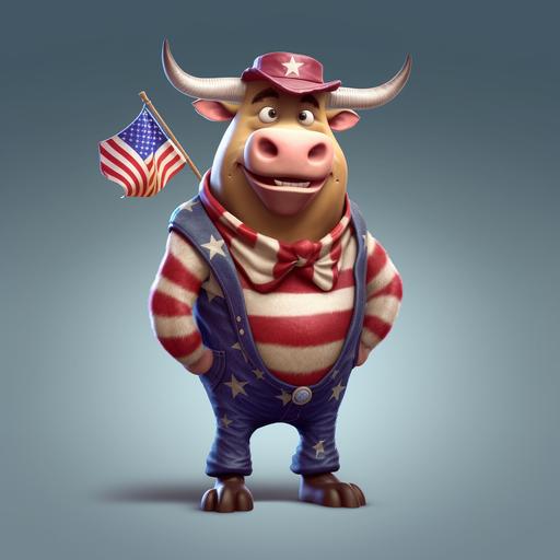 a funny bull dressed as american flag, 3d cartoon concept illustration