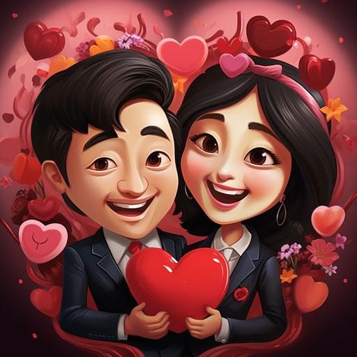 a funny caricature of Asian male and Asian female celebrating Valentine's Day