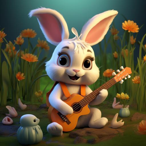 a funny cute baby rabbit is playing music with an instrument with passion, laught, smile, he really enjoy it, isometric, 4k
