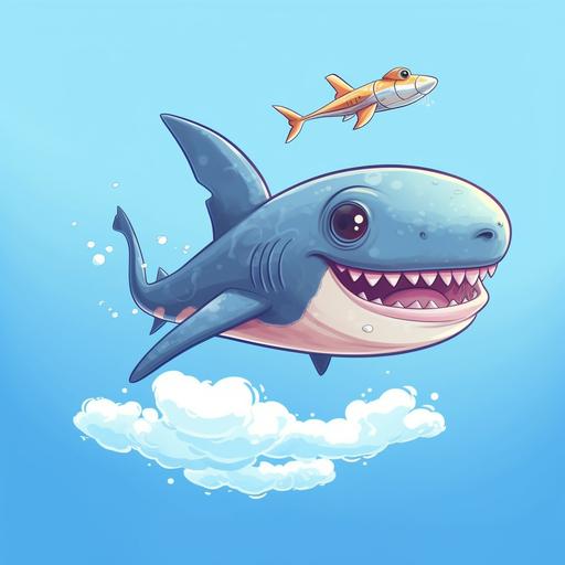 a funny cute blue shark is flying in the sky trying to catch an alien