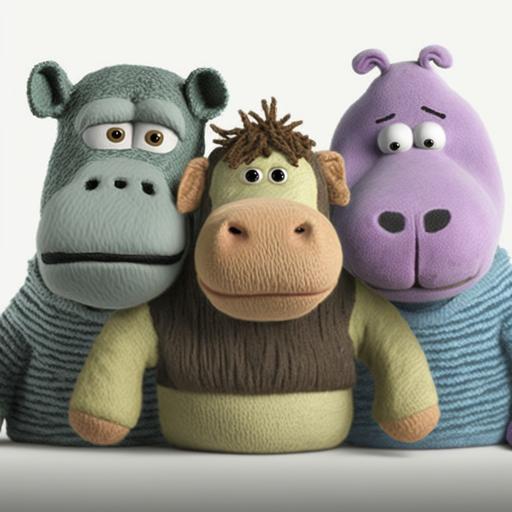 a funny hippo character, a dog character, and a monkey character as friends, in-action portrait, fuzzy fabric style