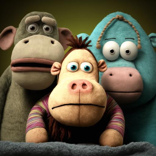 a funny hippo character, a dog character, and a monkey character as friends, in-action portrait, fuzzy fabric style