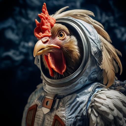 a funny looking chicken in a spacesuit in the actual moon, black spacey background with the earth in frame