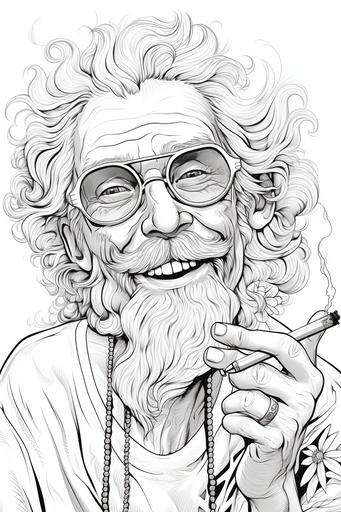 a funny old hipster man smoking a joint, weed, and holding a peace sign, he is very happy, coloring pages, crisp lines, mandala, white background, no shading, --ar 2:3