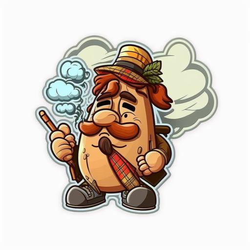 a funny potato smoking cigars, high quality, white background, cartoon style, sticker